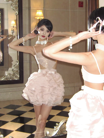 Pink Sequin A Line Spaghetti Strap Layered Organza Short Homecoming Dress Birthday Dress HZ1023